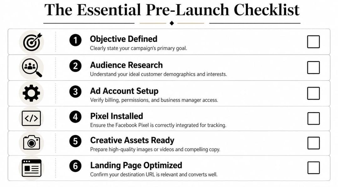A six-step pre-launch marketing checklist for setting up and optimizing effective Facebook advertising campaigns.
