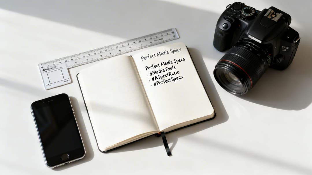 A flat lay of a notebook displaying 'Perfect Media Specs', a DSLR camera, smartphone, and ruler on a white desk.