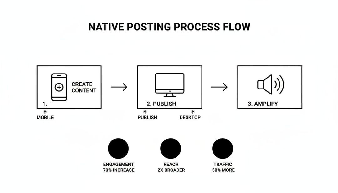 Native posting process flow, outlining content creation on mobile, publishing on desktop, and amplification with benefits.