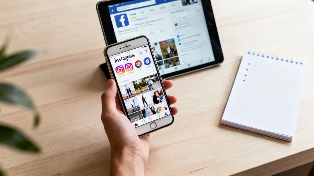 A person holds a smartphone displaying Instagram, with a tablet showing Facebook and a notepad on a wooden desk.
