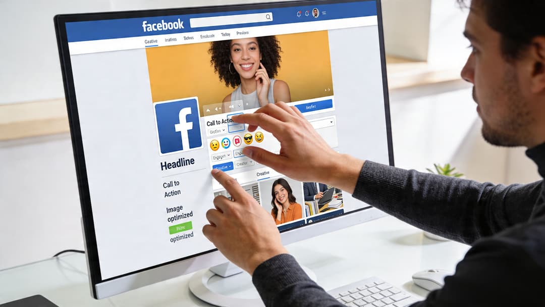A person using a desktop computer to manage and optimize Facebook post advertisements for business marketing.