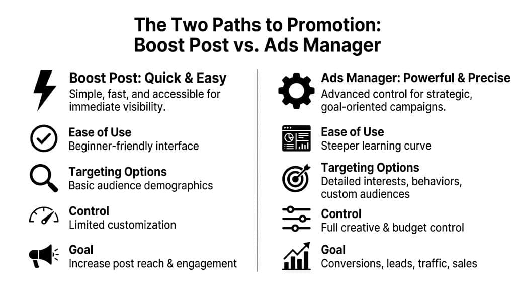 A comparison chart showing the differences between Facebook Boost Post and Ads Manager for marketing.