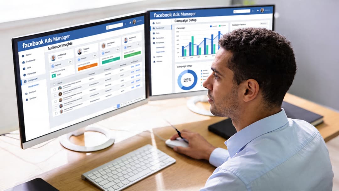A professional man analyzing Facebook Ads Manager data on dual monitors at his desk in an office.