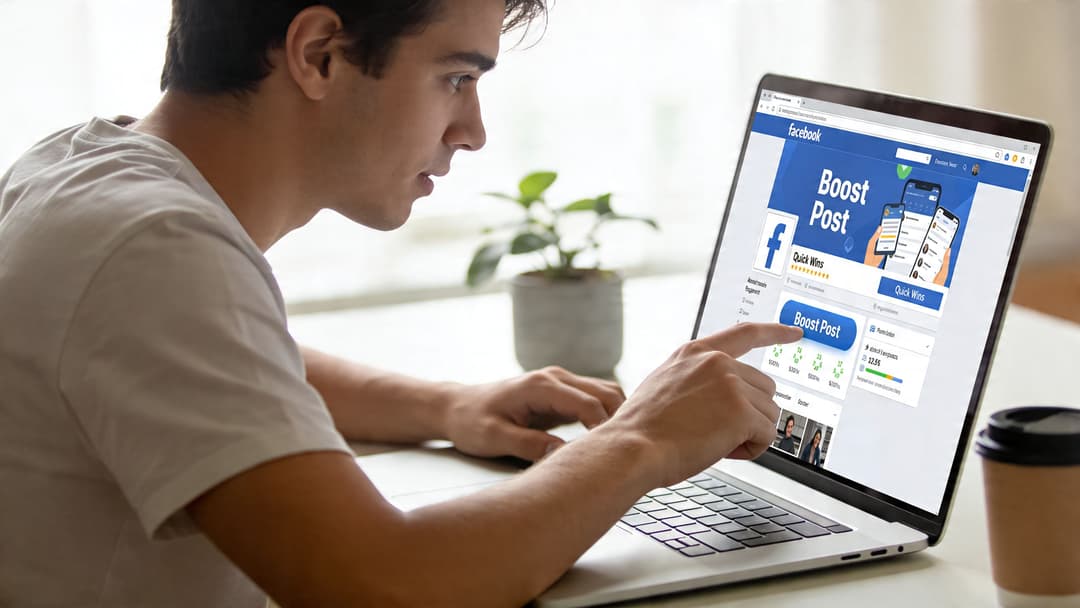 A young man uses his finger to click a Facebook boost post button on his laptop screen.