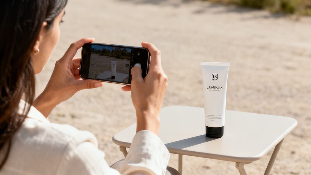 A person uses a smartphone to photograph a white cosmetic tube on an outdoor table.