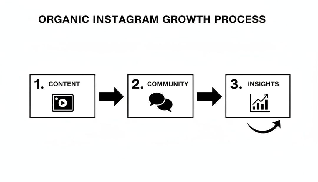 Diagram illustrating a three-step organic Instagram growth process: Content, Community, and Insights, with a feedback loop.