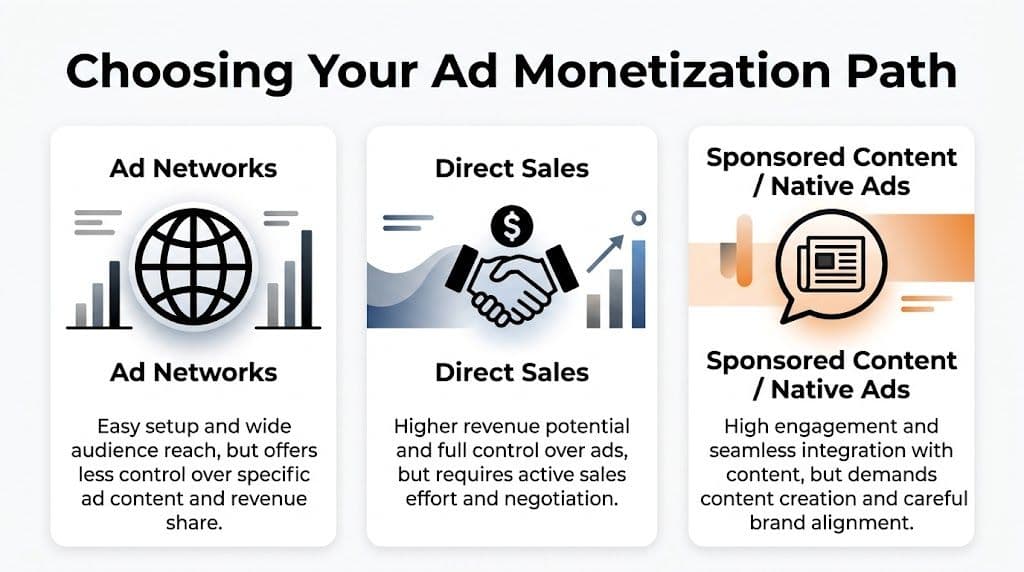 An infographic comparing three advertising monetization strategies: Ad Networks, Direct Sales, and Sponsored Content or Native Ads.