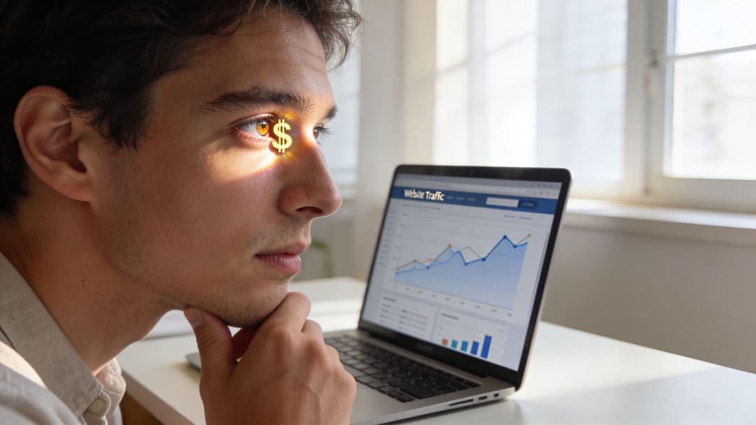A young man looking at a laptop screen displaying website traffic analytics with a dollar symbol reflection.