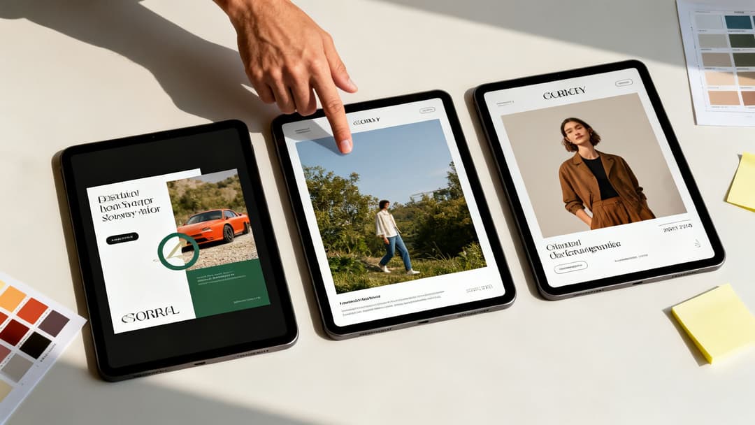 A hand interacts with three tablets displaying digital content, alongside a color palette and sticky notes.