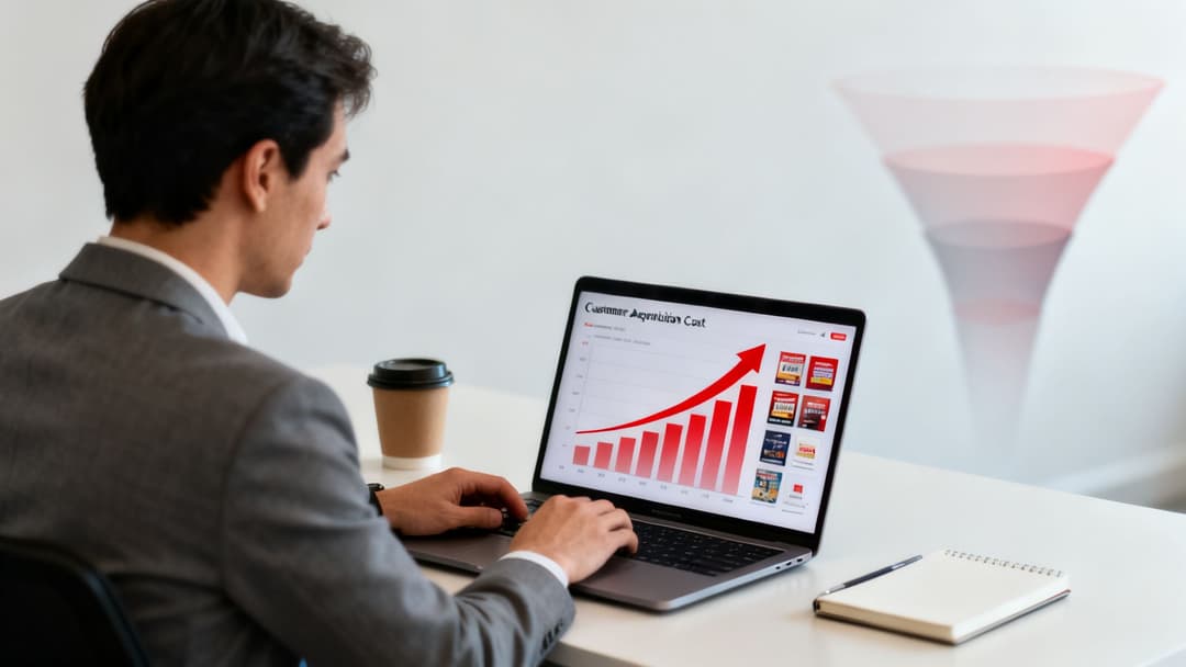 Businessman working on laptop showing increasing customer acquisition cost next to a coffee cup and sales funnel.