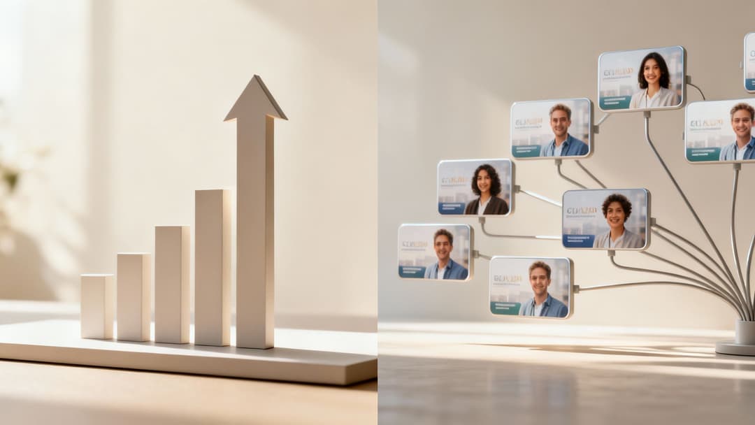 A bar chart with an upward arrow next to an organizational chart showing a diverse team, representing growth.