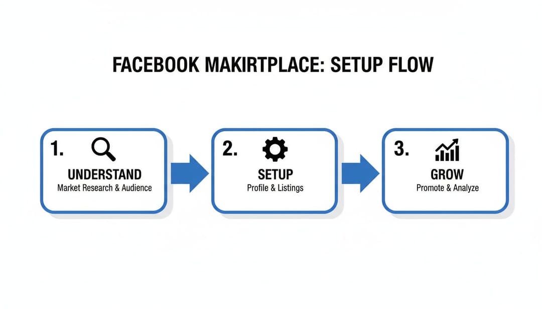 Diagram outlining the Facebook Marketplace setup flow: Understand, Setup, Grow with associated actions.