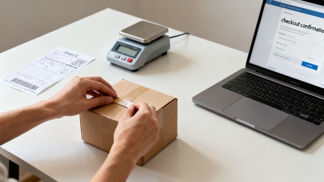 Person's hands taping a small cardboard box on a desk with a laptop, shipping label, and scale.