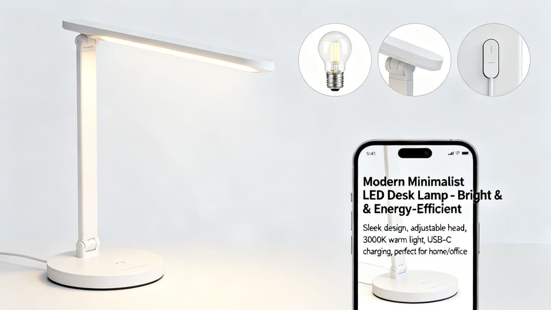 A sleek white LED desk lamp with an adjustable head, showcasing its modern design and USB-C charging.