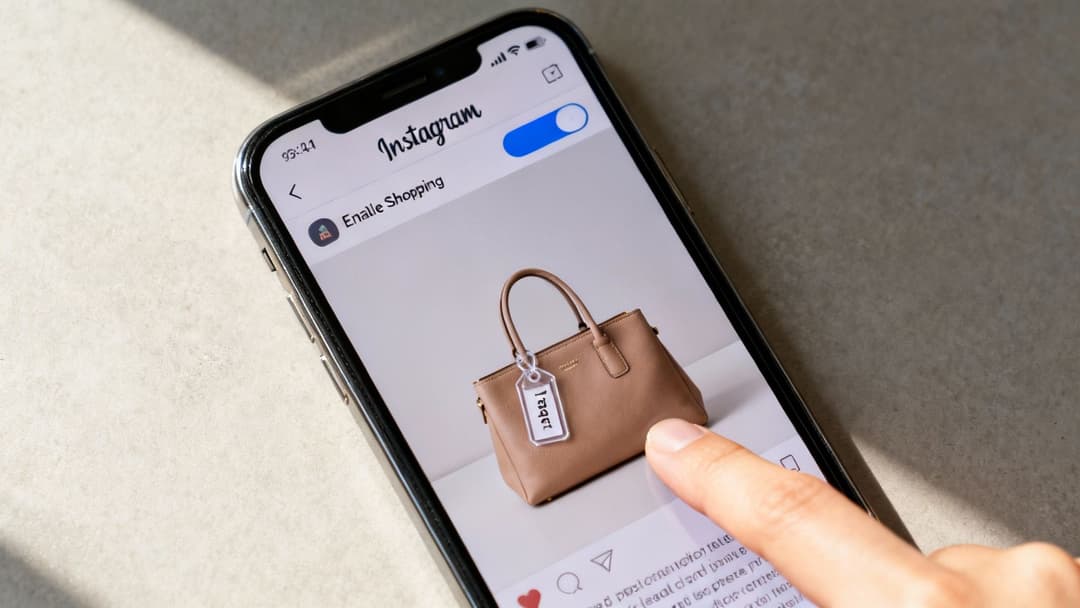 A finger taps a smartphone screen showing Instagram with "Enable Shopping" active and a brown handbag.