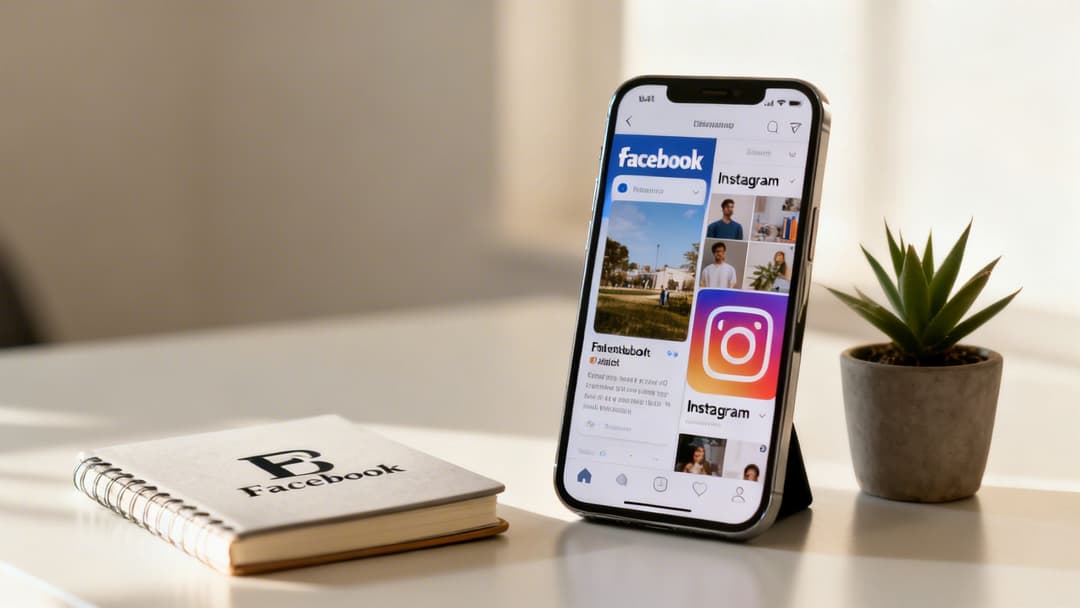 A smartphone displaying Facebook and Instagram apps, alongside a Facebook notebook and a potted plant.