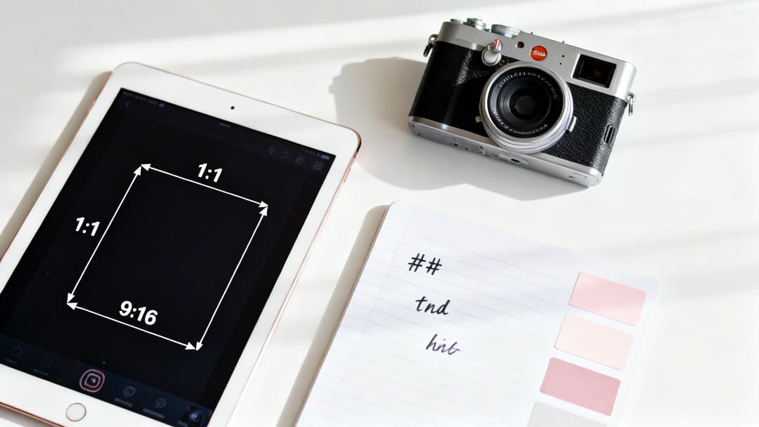 A white iPad shows social media aspect ratios (1:1, 9:16) next to a camera and notebook.