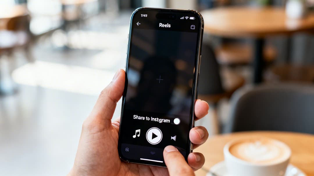 Close-up of a person holding an iPhone displaying the Instagram Reels interface.