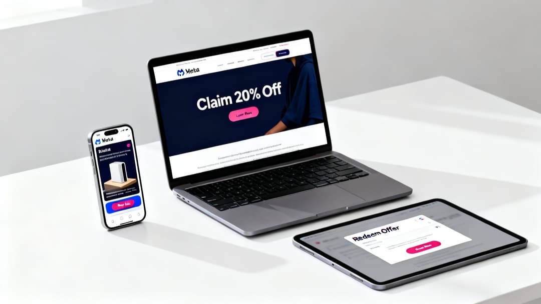 Laptop, smartphone, and tablet displaying various calls to action on a clean white table.