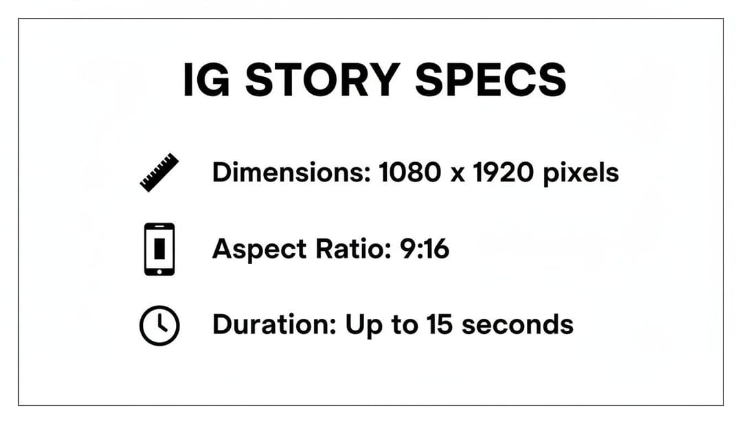 Instagram Story specifications, including dimensions (1080x1920 pixels), 9:16 aspect ratio, and up to 15 seconds duration.