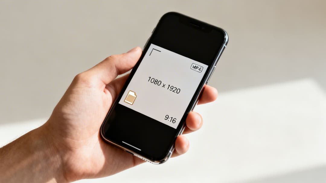 A hand holds a smartphone displaying a white screen with video format details: 1080x1920, 9:16 ratio, MP4.