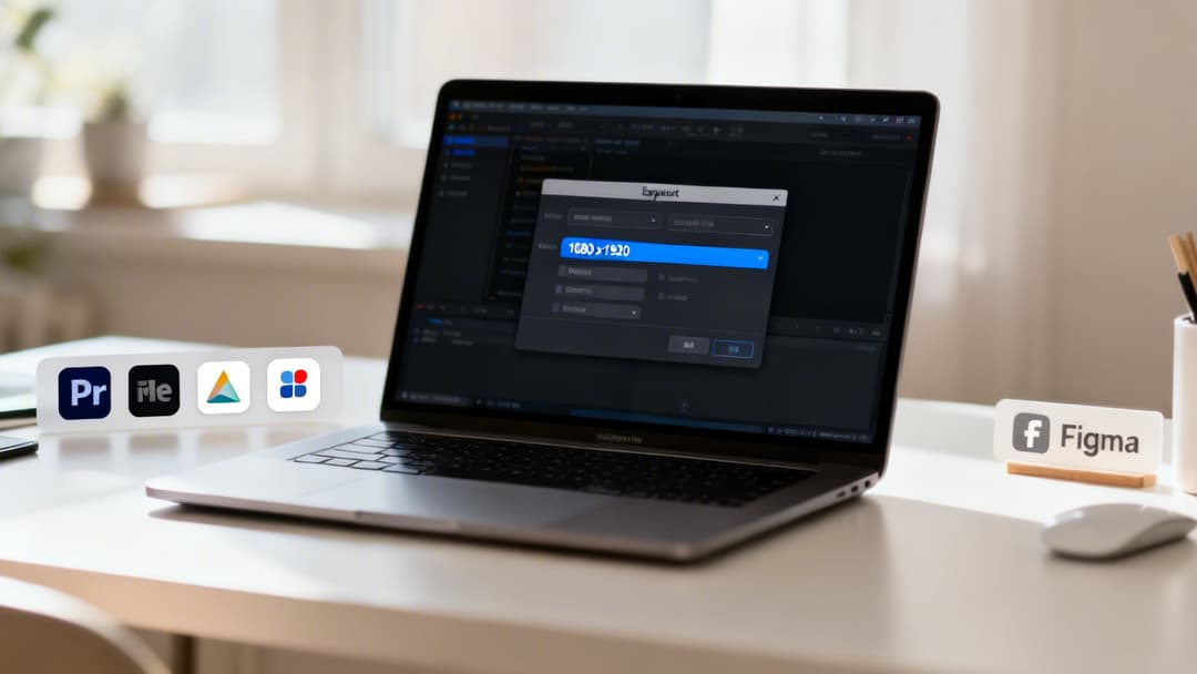 Creative workspace with a laptop showing video export settings for Instagram Stories format, alongside design software icons.