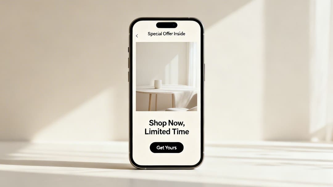 A smartphone displays a 'Special Offer Inside' ad for minimalist home decor, featuring a table with a mug and a 'Get Yours' button.