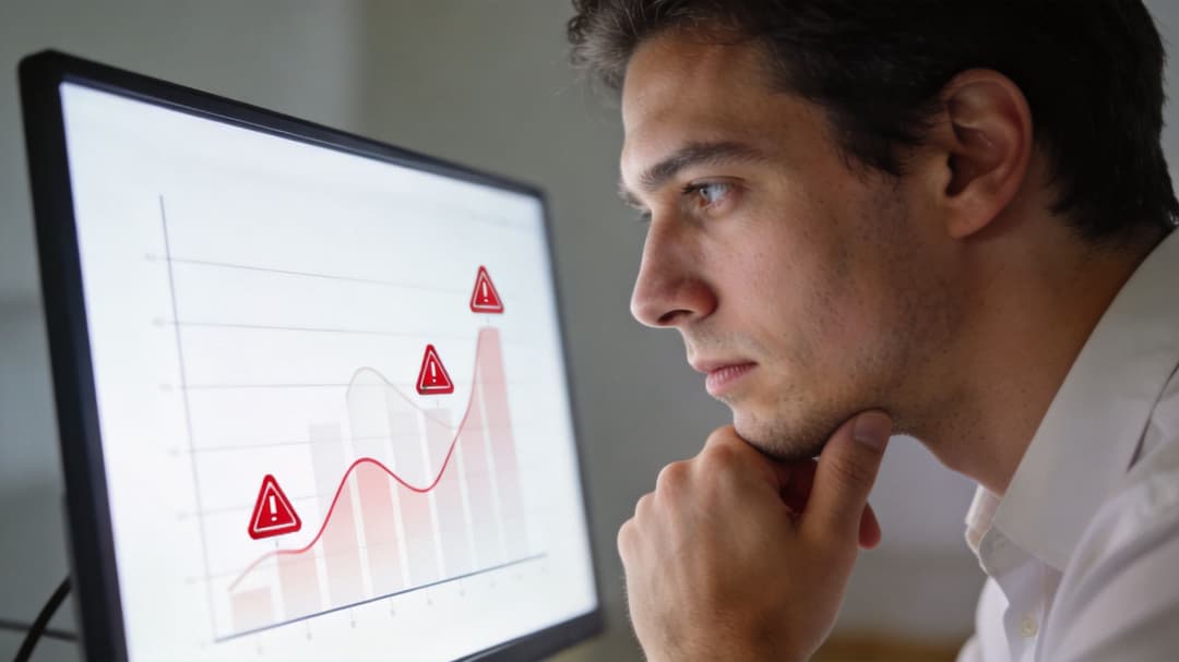 A focused man looking at a business graph on a monitor with warning icons displaying negative data
