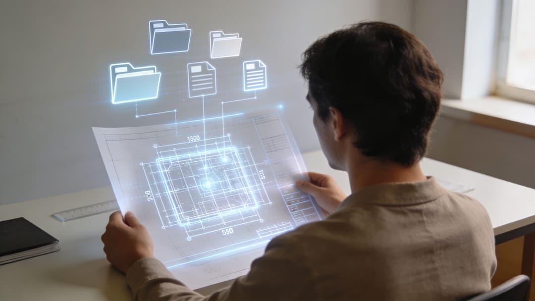 A man examines a architectural blueprint with digital holographic file icons floating above the paper.