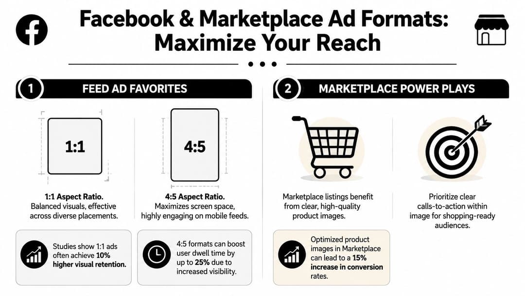 An infographic detailing recommended Facebook and Marketplace ad aspect ratios and optimization tips for better engagement.