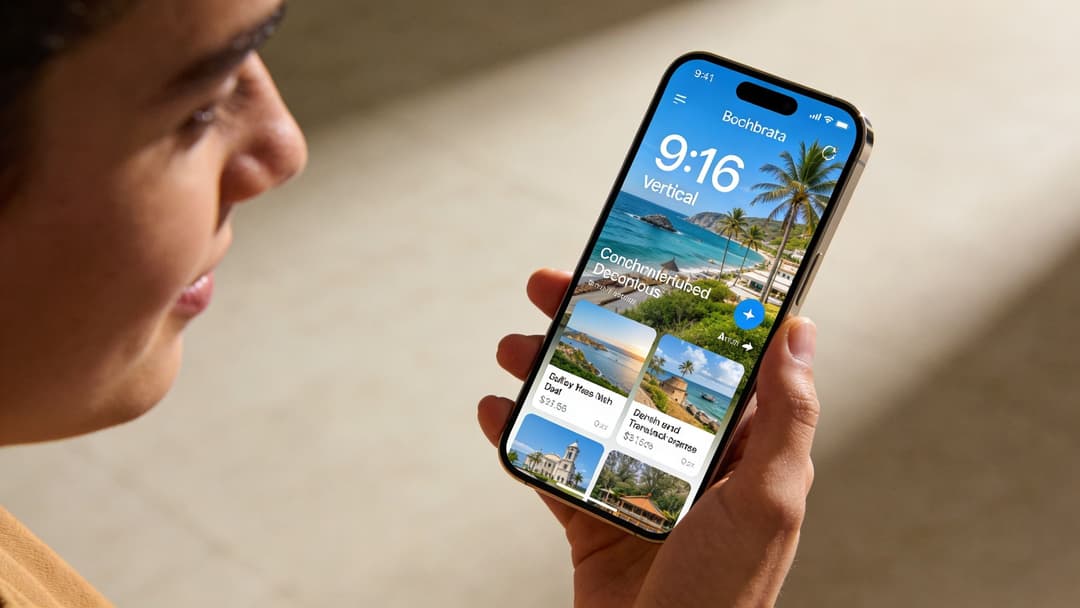 A person holding a modern smartphone displaying a travel application with beautiful beach scenery and vacation deals.