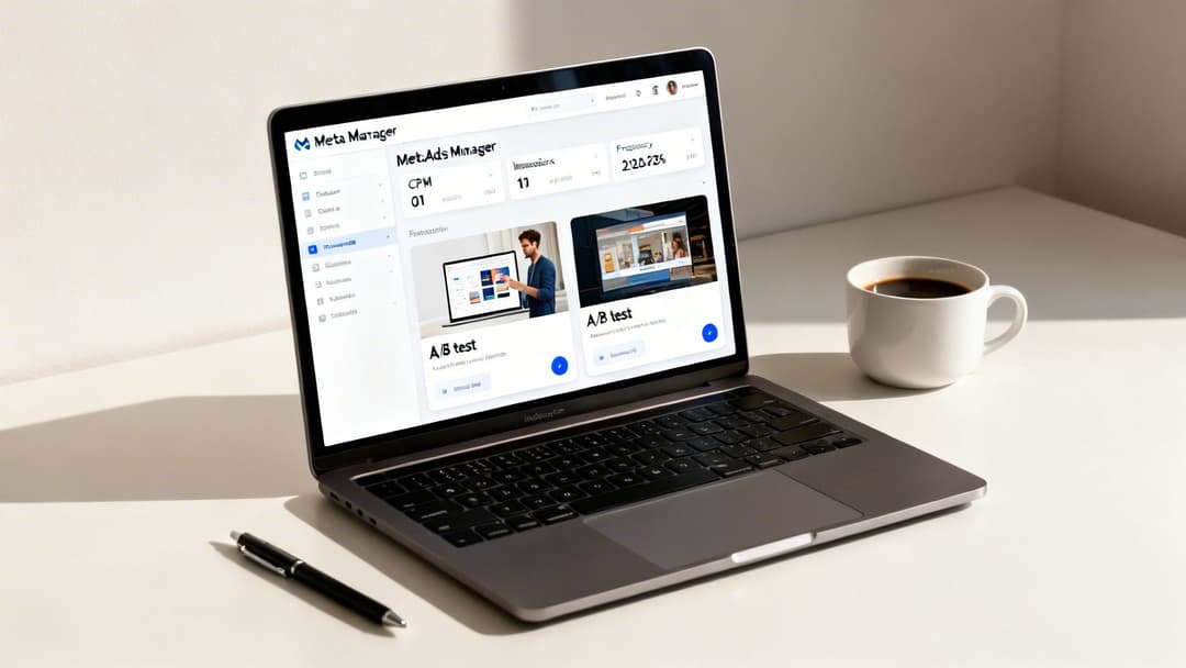 A laptop displaying Meta Ads Manager dashboard, next to a coffee cup and a pen on a desk.