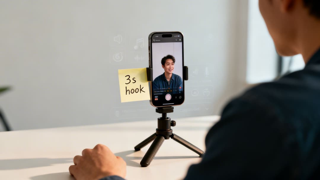 A person films a video on a smartphone mounted on a tripod, displaying a smiling man and a '3s hook' note.