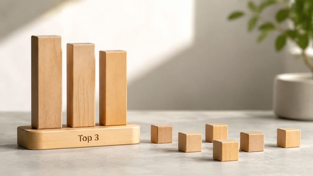 A wooden bar chart on a table with the label Top 3 and scattered wooden cubes nearby.