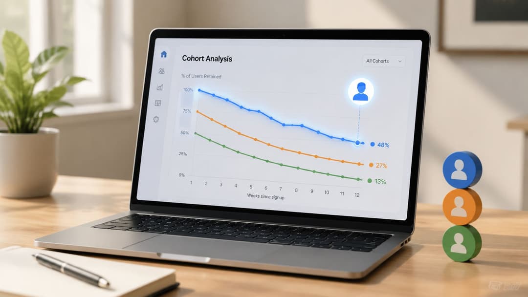 A laptop screen displaying a cohort analysis chart showing user retention data over twelve weeks on a desk.