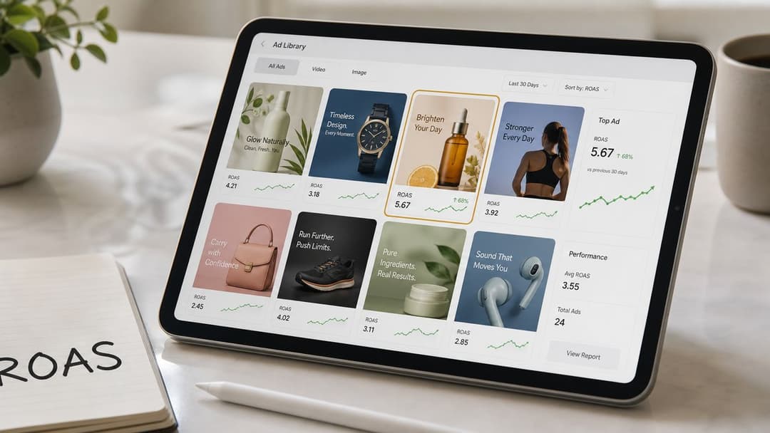 A digital tablet displaying an ad library dashboard with various product advertisements and performance metrics on a desk.