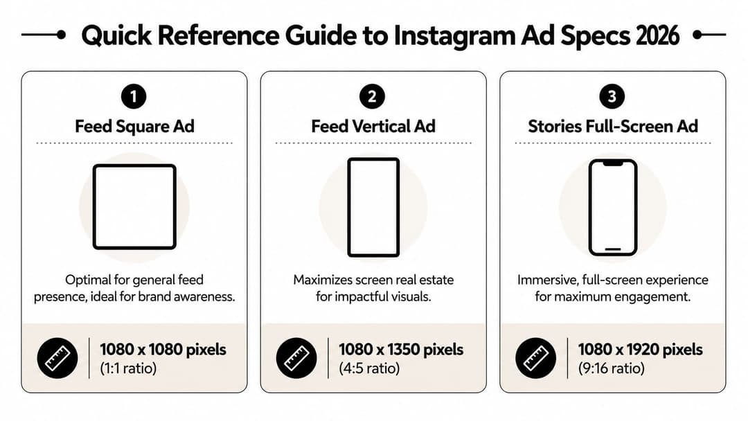 A guide displaying Instagram ad specs for 2026, including pixel dimensions and aspect ratios for different formats.