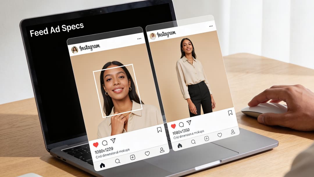 A laptop screen displaying two Instagram feed advertisement templates showing different aspect ratios and dimensions.