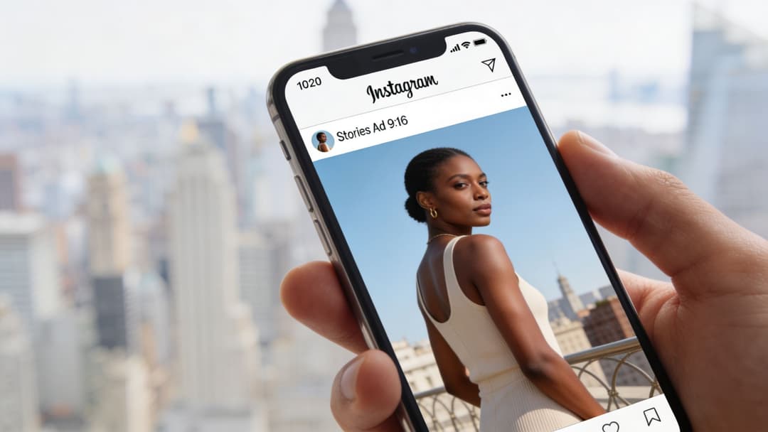 A person holding a smartphone displaying an Instagram stories advertisement with a female model.
