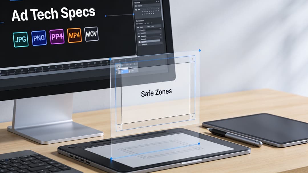A creative workspace featuring a computer monitor displaying ad technical specifications alongside a digital tablet and stylus.