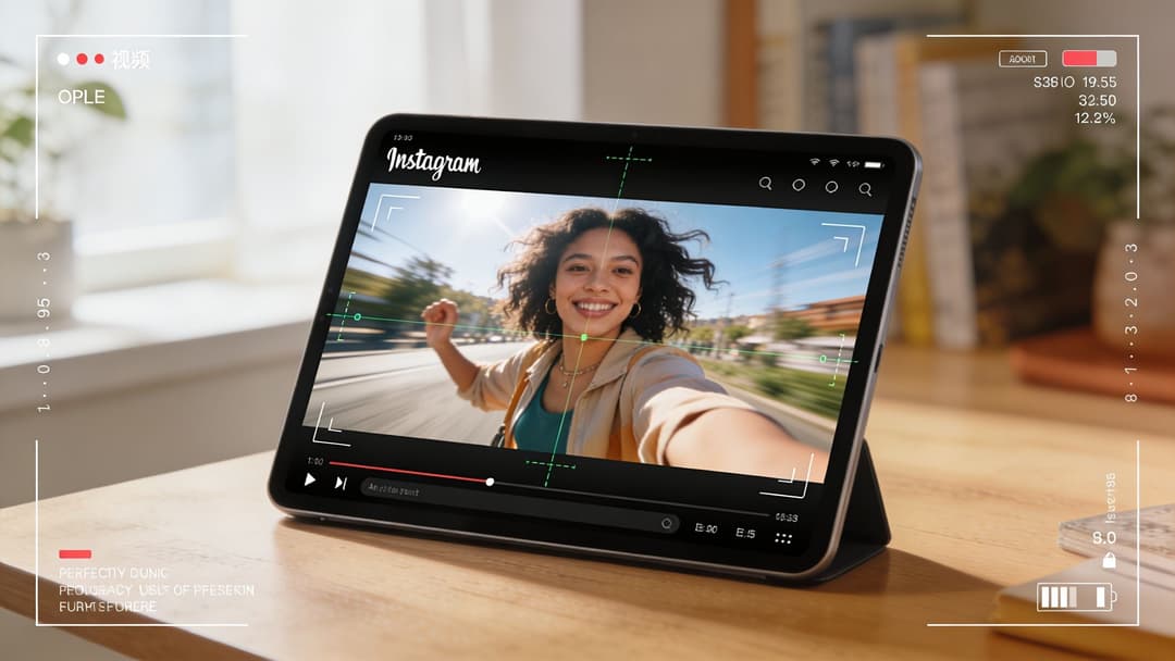 A tablet device displaying an Instagram video interface placed on a wooden desk with a cinematic overlay.