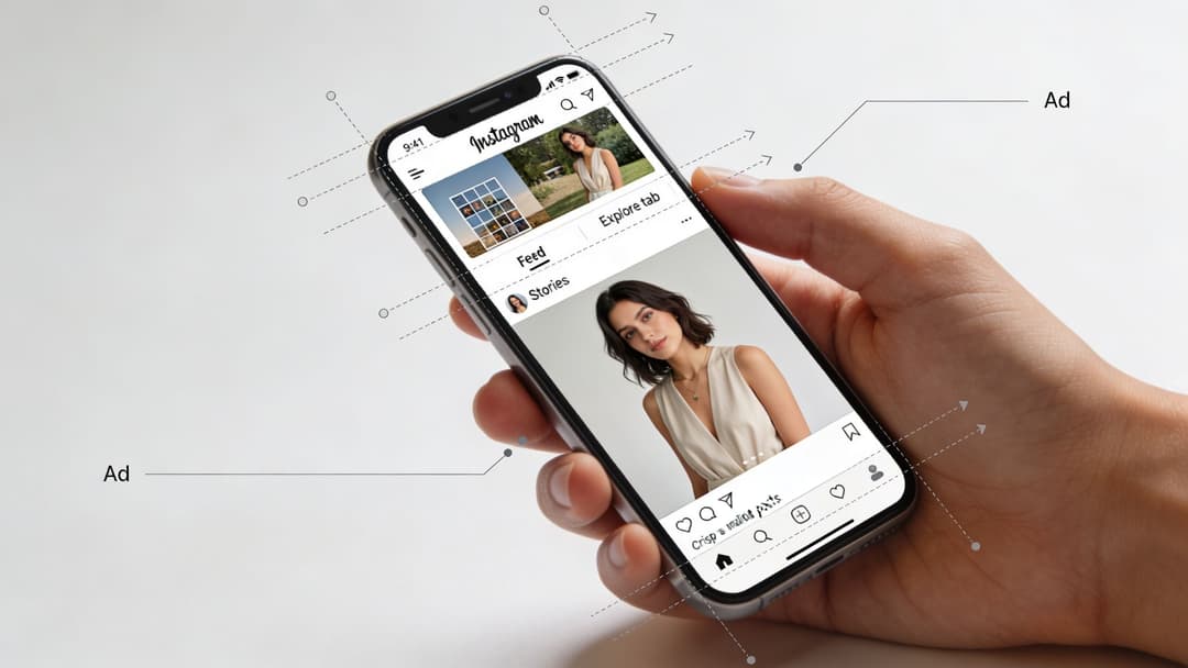 A person holding a smartphone displaying Instagram application interface with technical ad layout diagram lines overlaid.