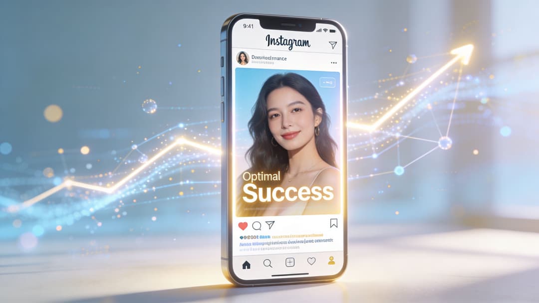 A smartphone screen displaying an Instagram post with a woman's portrait and the text Optimal Success.
