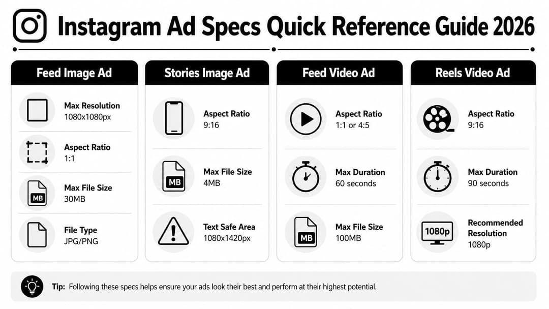 A comprehensive infographic chart detailing the recommended image and video specifications for 2026 Instagram advertisements.