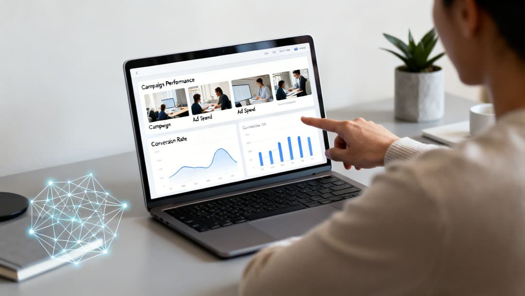 A person analyzing digital marketing data on a laptop, with a glowing network graphic beside it.