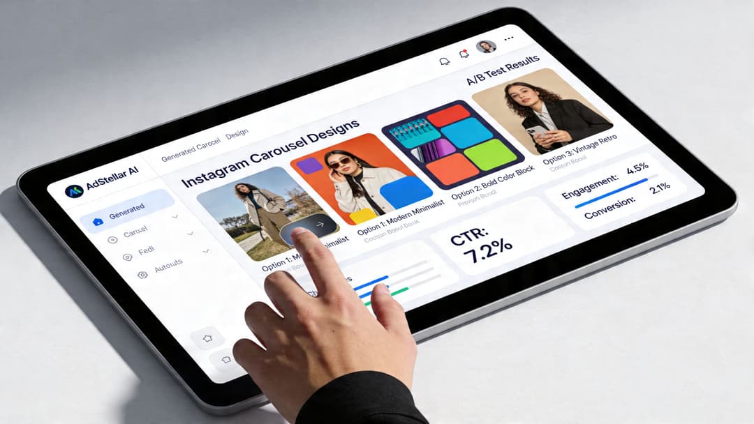 A hand touching a tablet screen displaying an AdStellar AI dashboard for Instagram carousel design testing results.