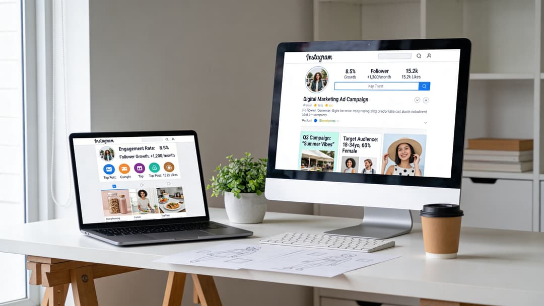 A modern workspace featuring a laptop and monitor displaying Instagram analytics dashboards with social media marketing performance data.