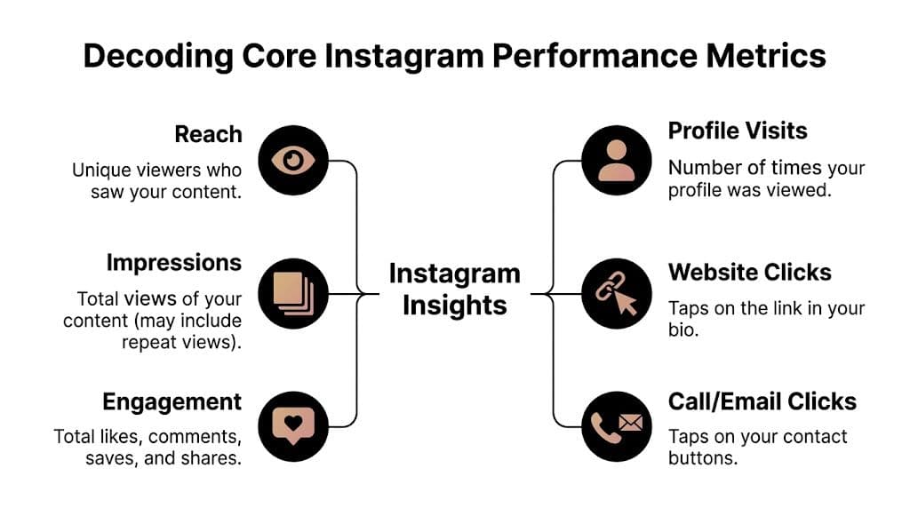 A diagram infographic explaining key Instagram performance metrics like reach, impressions, engagement, and profile interaction data.
