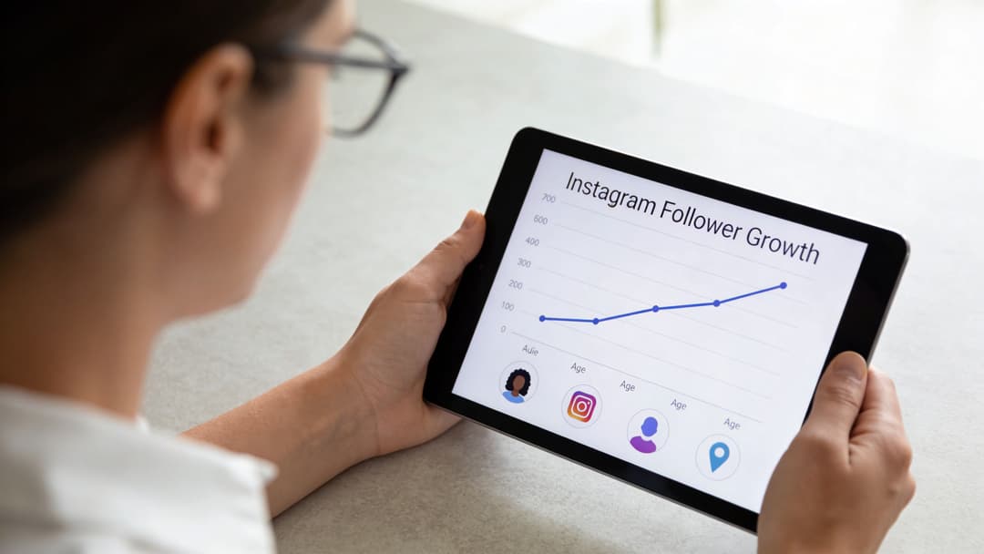 A person holding a tablet showing an Instagram Follower Growth chart with various demographic icons.