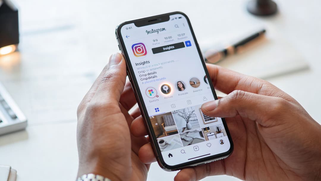 A person holding an iPhone displaying Instagram profile insights on a brightly lit office desk.